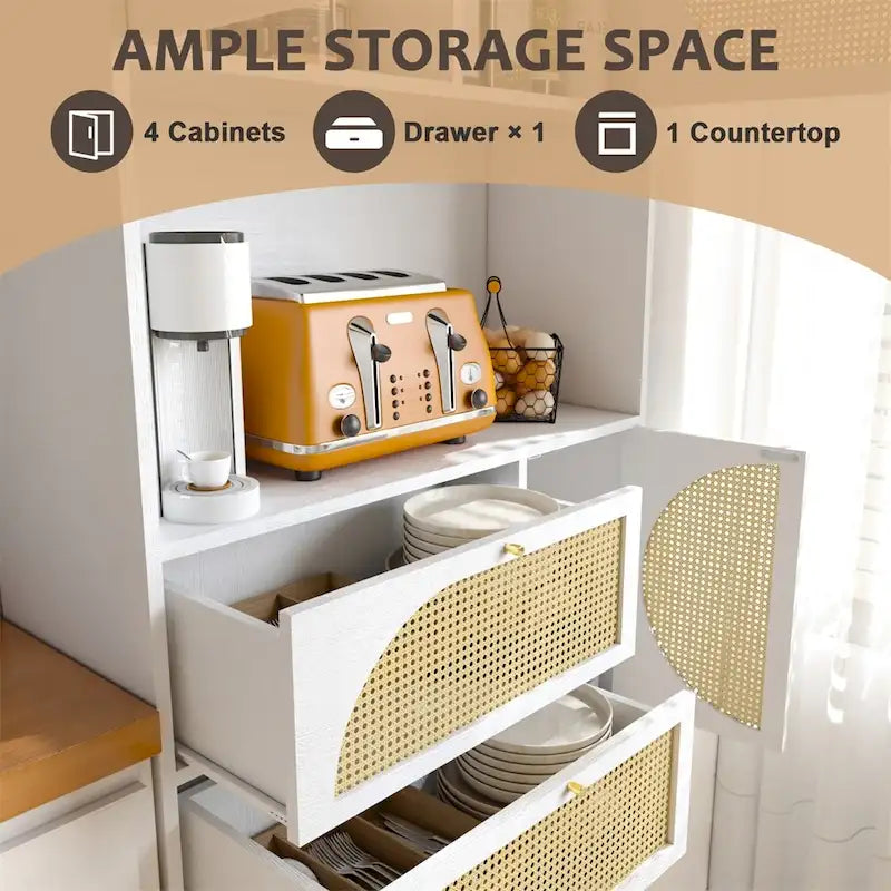 Armoire de rangement haute autonome avec portes et tiroirs en rotin Blanc