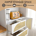 Armoire de rangement haute autonome avec portes et tiroirs en rotin Blanc