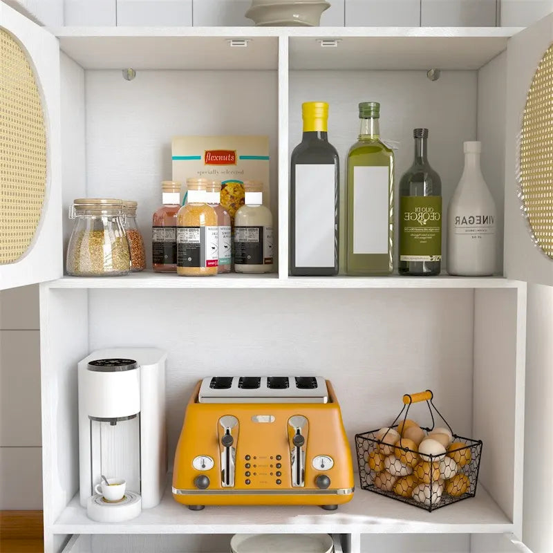 Armoire de rangement haute autonome avec portes et tiroirs en rotin Blanc