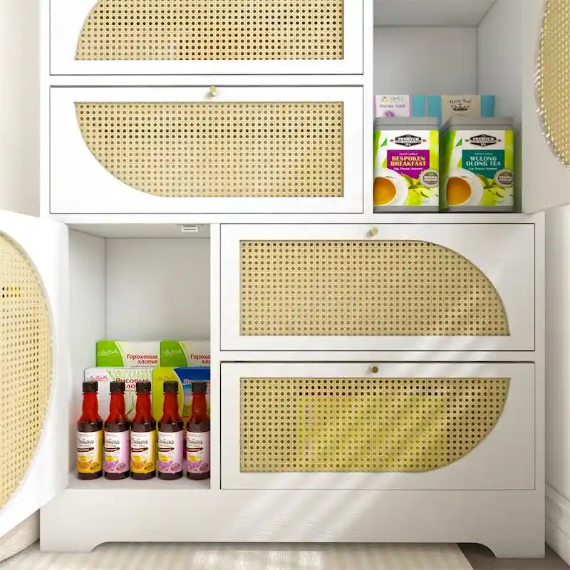 Armoire de rangement haute autonome avec portes et tiroirs en rotin Blanc