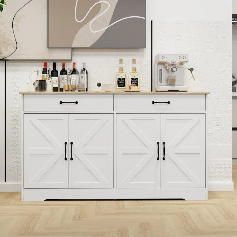 Buffet de ferme blanc avec 2 tiroirs, 4 portes, meuble de rangement