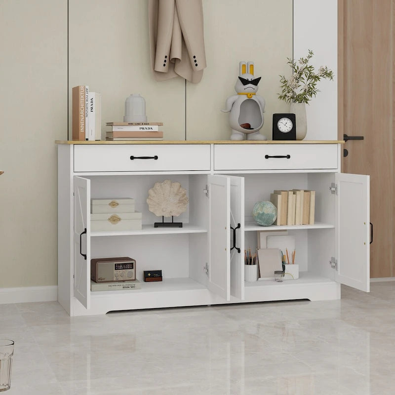 Buffet de ferme blanc avec 2 tiroirs, 4 portes, meuble de rangement