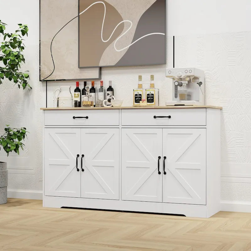 Buffet de ferme blanc avec 2 tiroirs, 4 portes, meuble de rangement