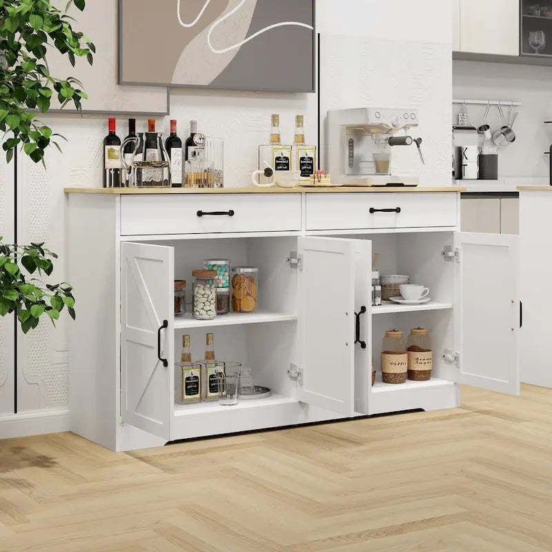 Buffet de ferme blanc avec 2 tiroirs, 4 portes, meuble de rangement