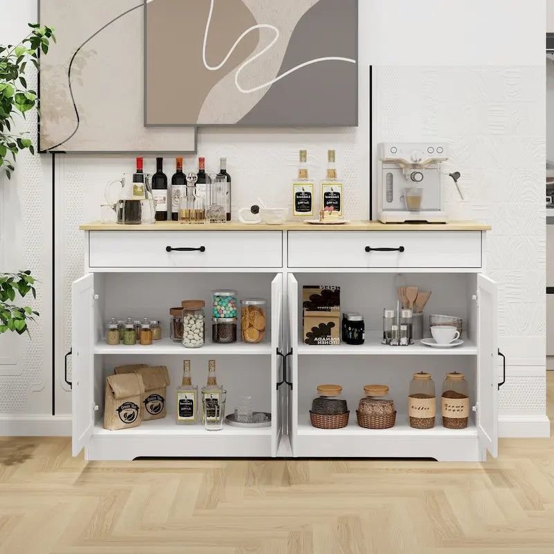Buffet de ferme blanc avec 2 tiroirs, 4 portes, meuble de rangement