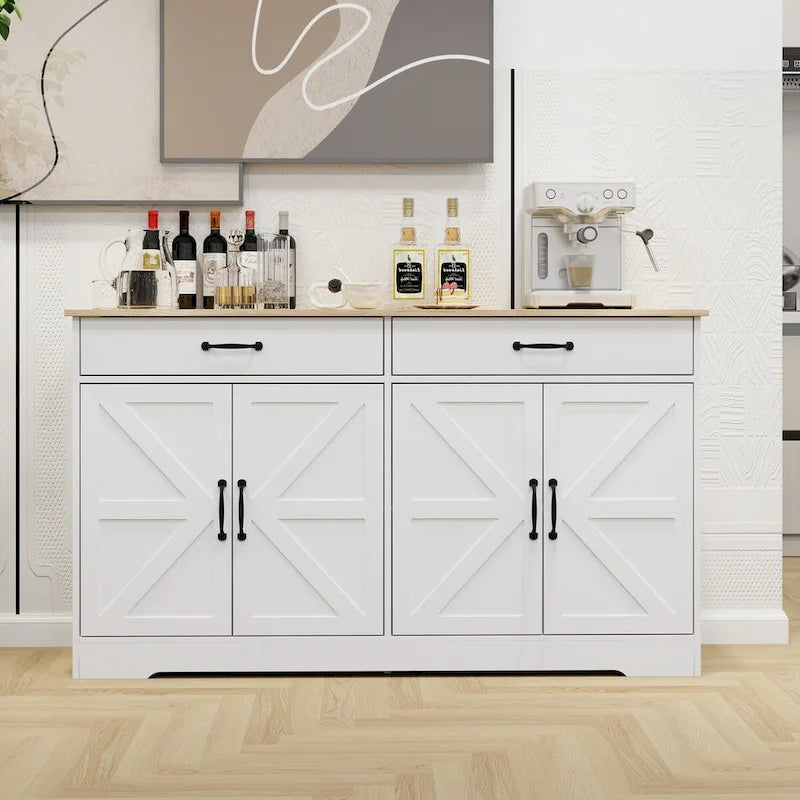 Buffet de ferme blanc avec 2 tiroirs, 4 portes, meuble de rangement