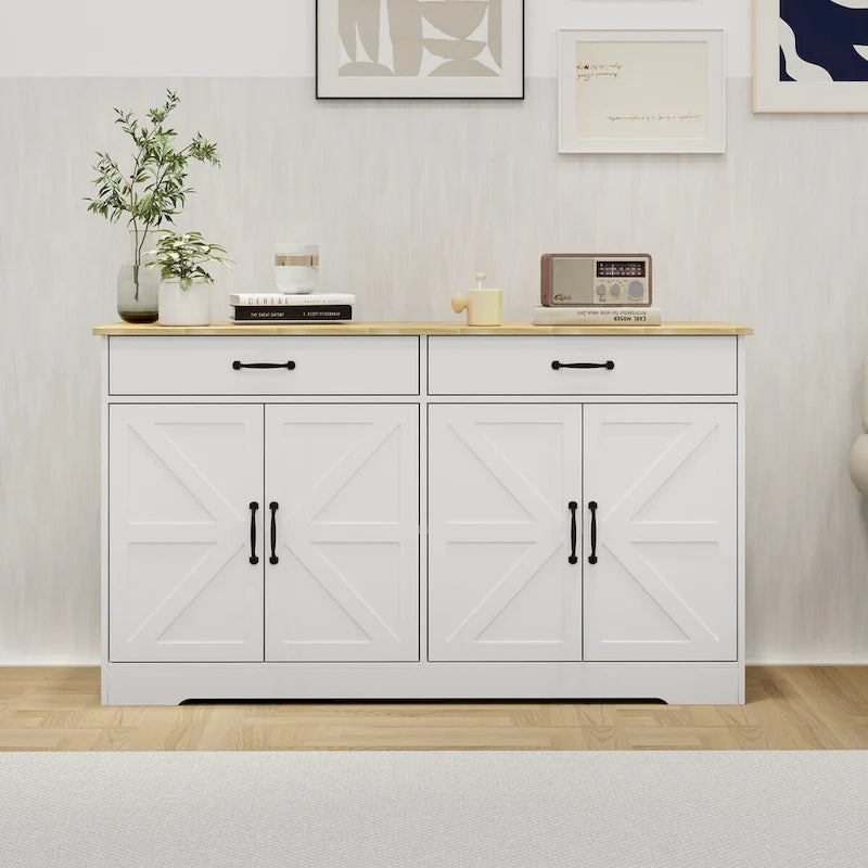 Buffet de ferme blanc avec 2 tiroirs, 4 portes, meuble de rangement