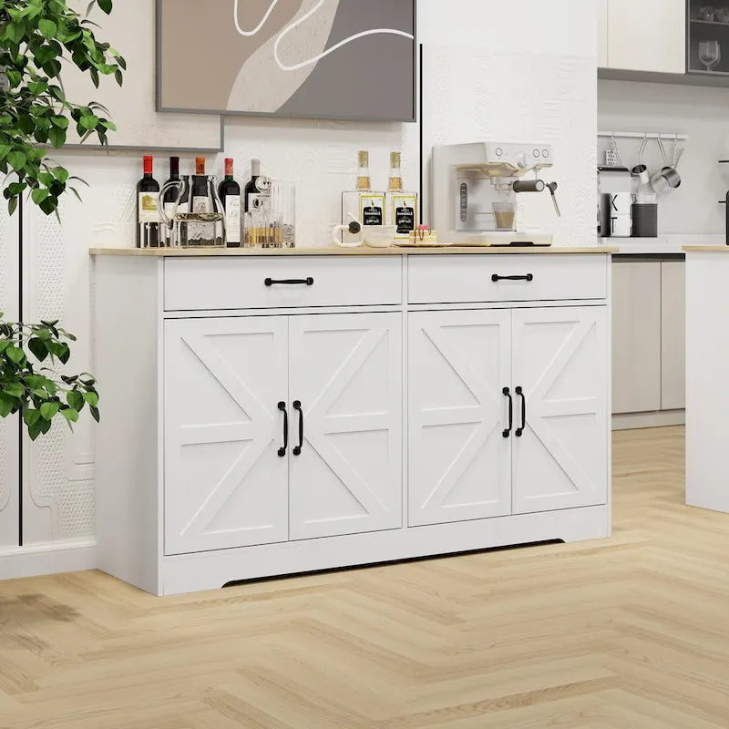 Buffet de ferme blanc avec 2 tiroirs, 4 portes, meuble de rangement