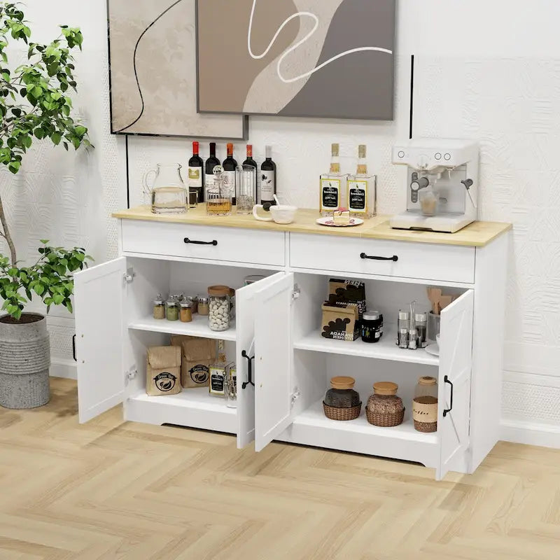 Buffet de ferme blanc avec 2 tiroirs, 4 portes, meuble de rangement
