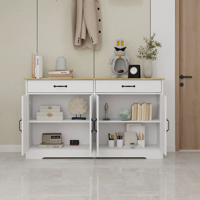 Buffet de ferme blanc avec 2 tiroirs, 4 portes, meuble de rangement