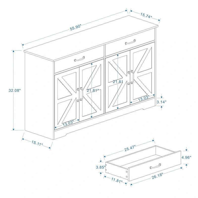 Buffet de ferme blanc avec 2 tiroirs, 4 portes, meuble de rangement