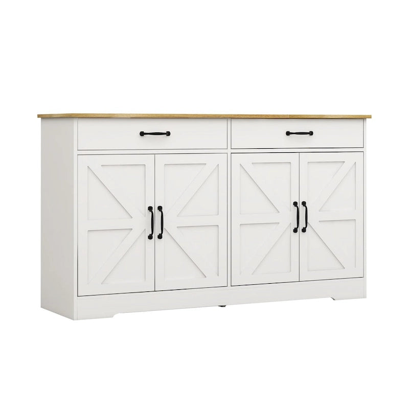 Buffet de ferme blanc avec 2 tiroirs, 4 portes, meuble de rangement