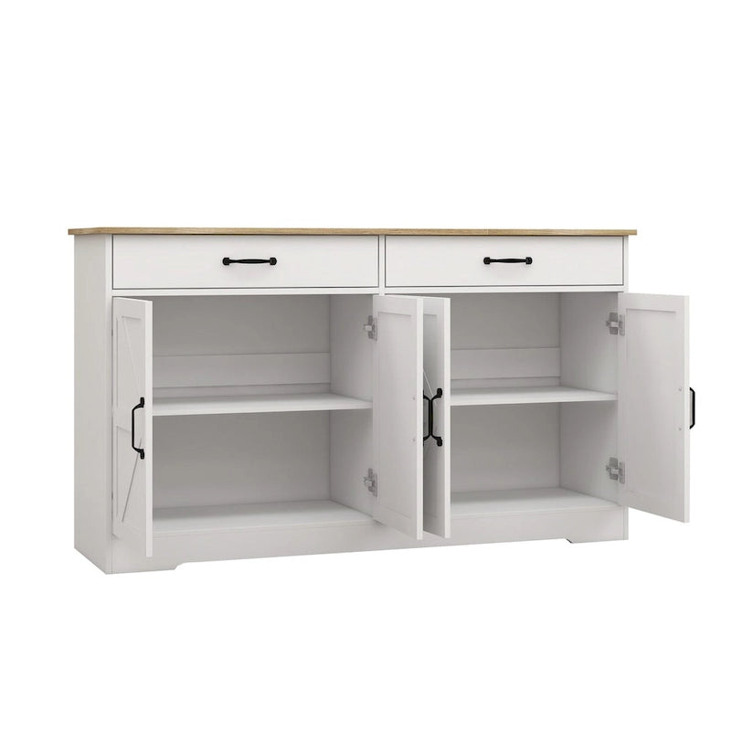 Buffet de ferme blanc avec 2 tiroirs, 4 portes, meuble de rangement