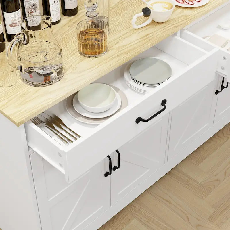 Buffet de ferme blanc avec 2 tiroirs, 4 portes, meuble de rangement