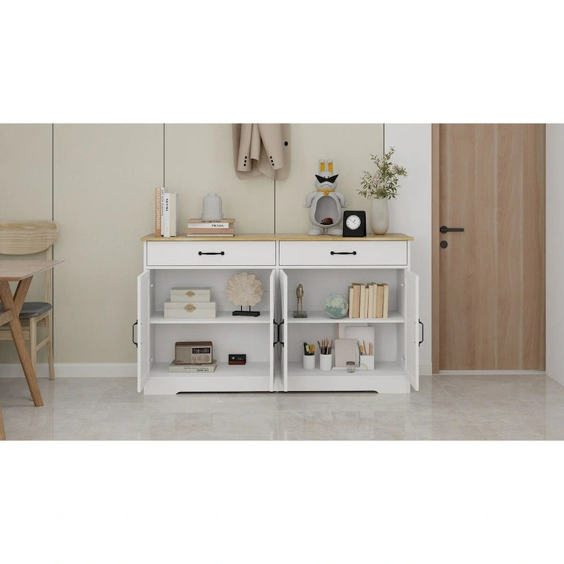 Buffet de ferme blanc avec 2 tiroirs, 4 portes, meuble de rangement