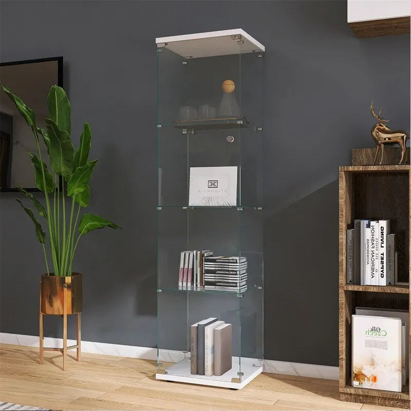 Vitrine d'exposition à 4 étagères en verre trempé avec porte Noir Blanc