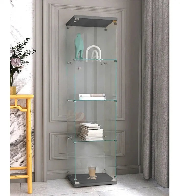 Vitrine d'exposition à 4 étagères en verre trempé avec porte Noir Blanc