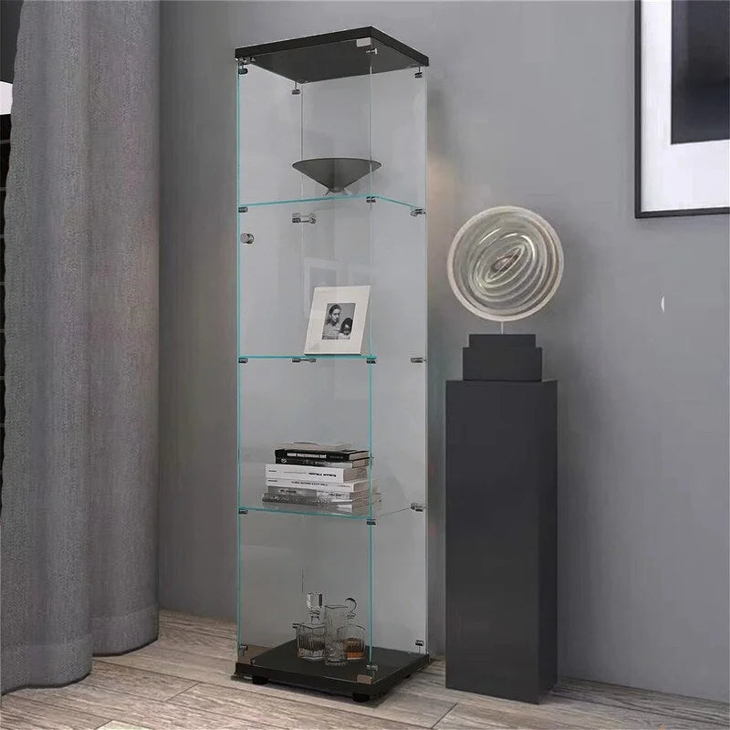 Vitrine d'exposition à 4 étagères en verre trempé avec porte Noir Blanc