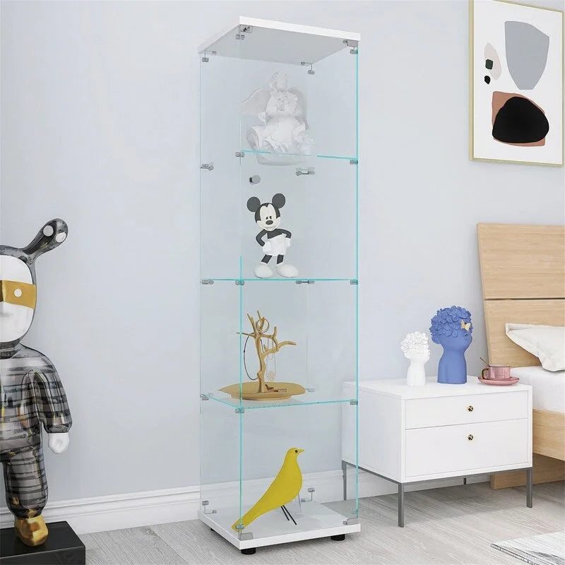 Vitrine d'exposition à 4 étagères en verre trempé avec porte Noir Blanc