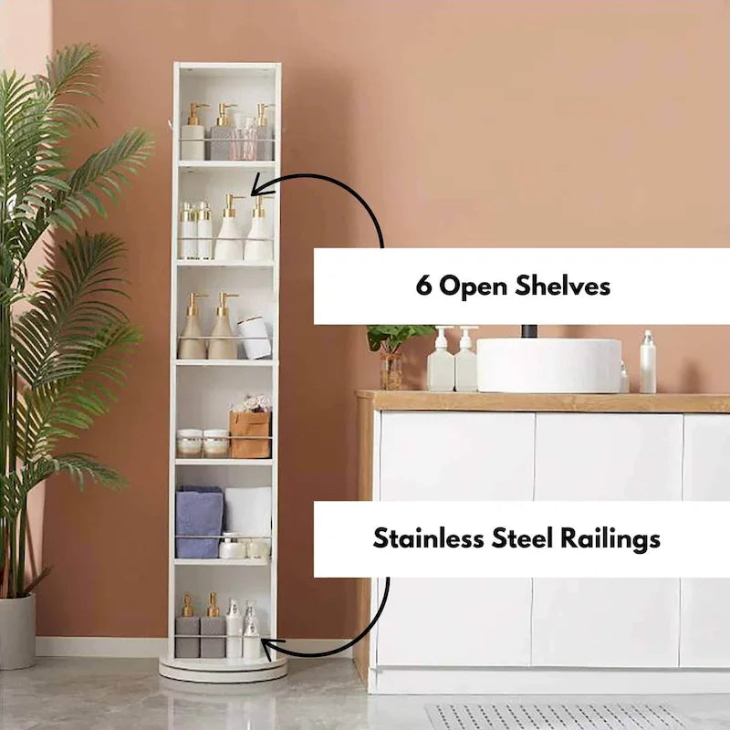 Meuble de salle de bain fin et rotatif avec miroir pleine longueur et étagères ouvertes