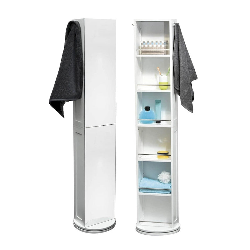 Meuble de salle de bain fin et rotatif avec miroir pleine longueur et étagères ouvertes