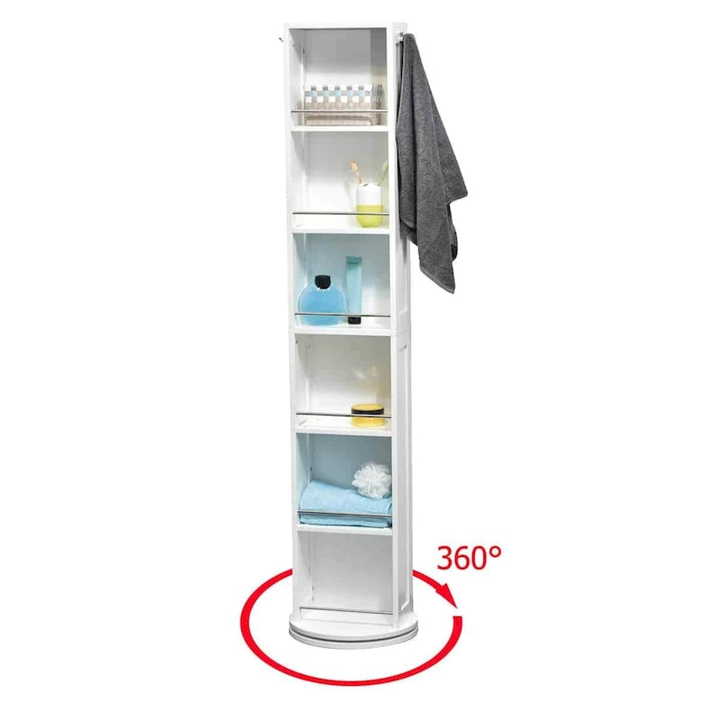 Meuble de salle de bain fin et rotatif avec miroir pleine longueur et étagères ouvertes