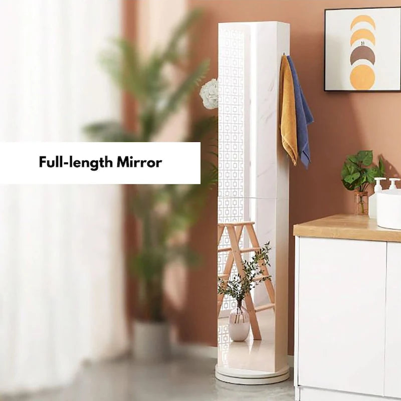 Meuble de salle de bain fin et rotatif avec miroir pleine longueur et étagères ouvertes