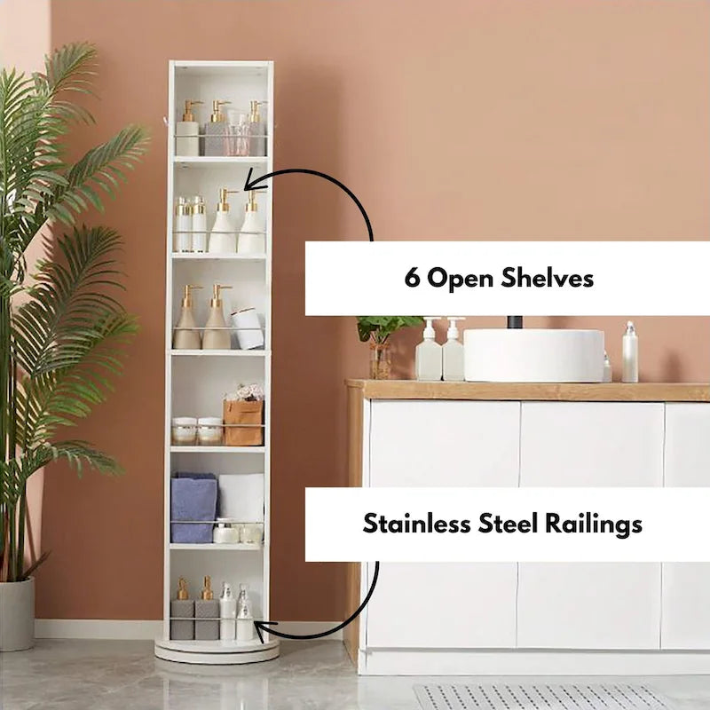 Meuble de salle de bain fin et rotatif avec miroir pleine longueur et étagères ouvertes