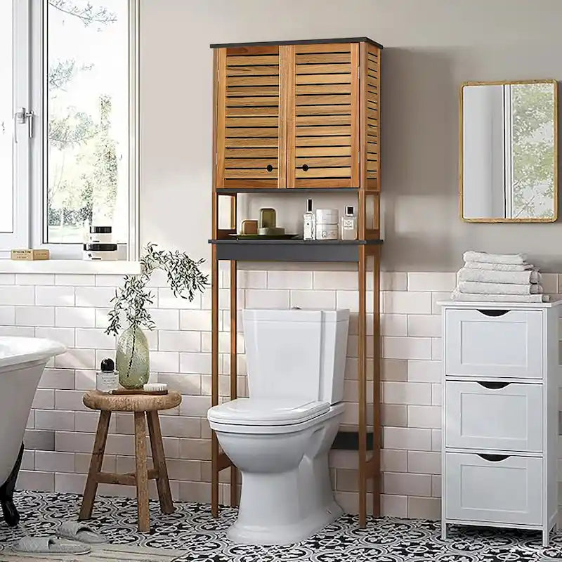Armoire de rangement au-dessus des toilettes - Finition marron, grise ou naturelle - Double porte ventilée - Autonome