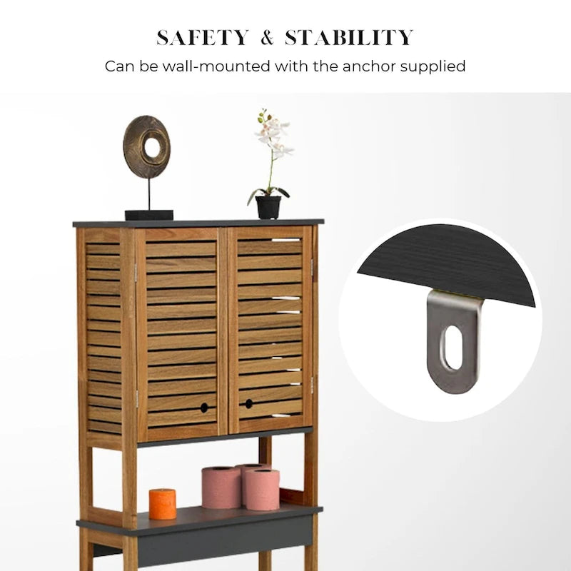 Armoire de rangement au-dessus des toilettes - Finition marron, grise ou naturelle - Double porte ventilée - Autonome
