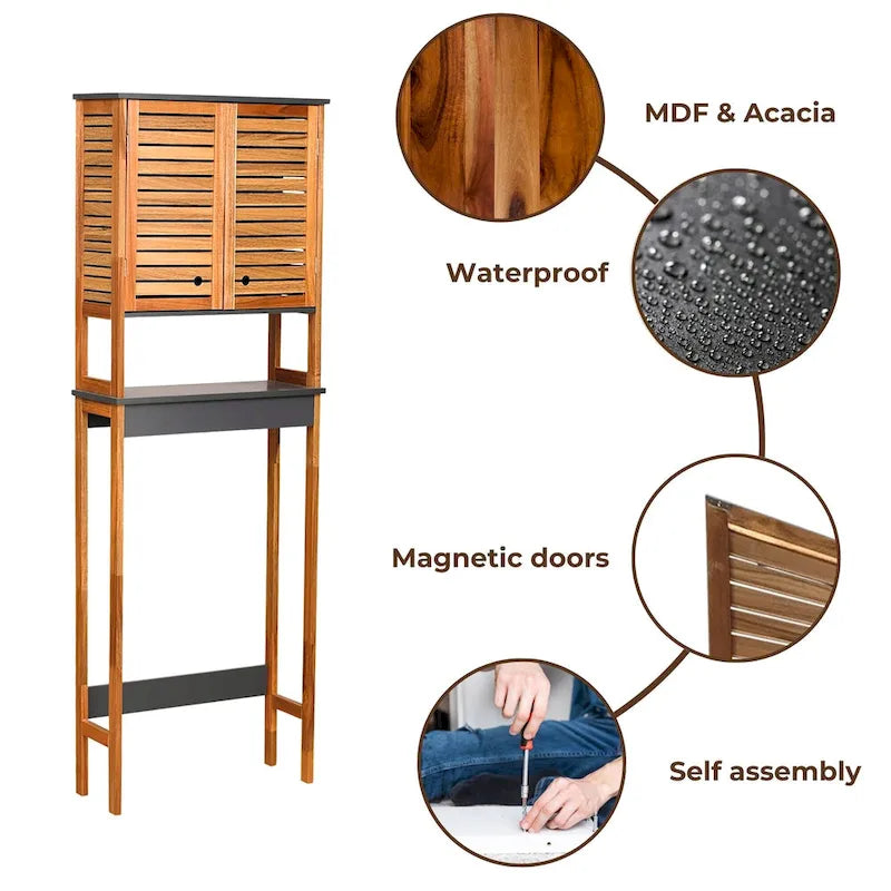 Armoire de rangement au-dessus des toilettes - Finition marron, grise ou naturelle - Double porte ventilée - Autonome