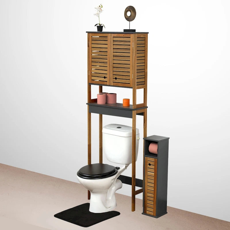 Armoire de rangement au-dessus des toilettes - Finition marron, grise ou naturelle - Double porte ventilée - Autonome