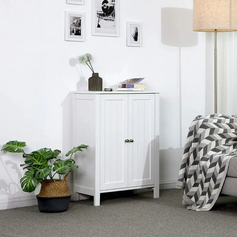 Meuble de rangement de salle de bain blanc à double porte avec étagères réglables