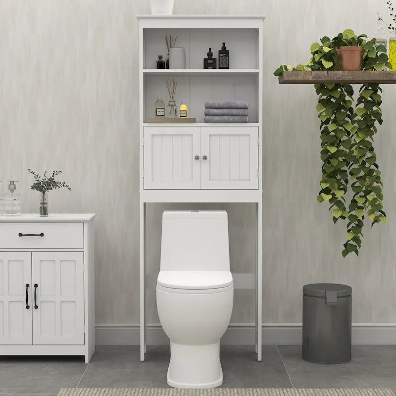 Meuble de rangement WC blanc en bois avec étagères ouvertes et portes doubles