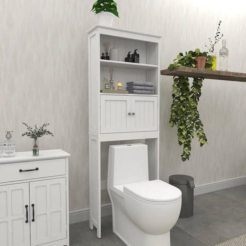 Meuble de rangement WC blanc en bois avec étagères ouvertes et portes doubles