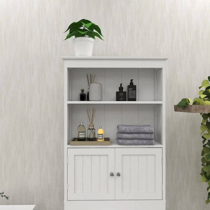 Meuble de rangement WC blanc en bois avec étagères ouvertes et portes doubles