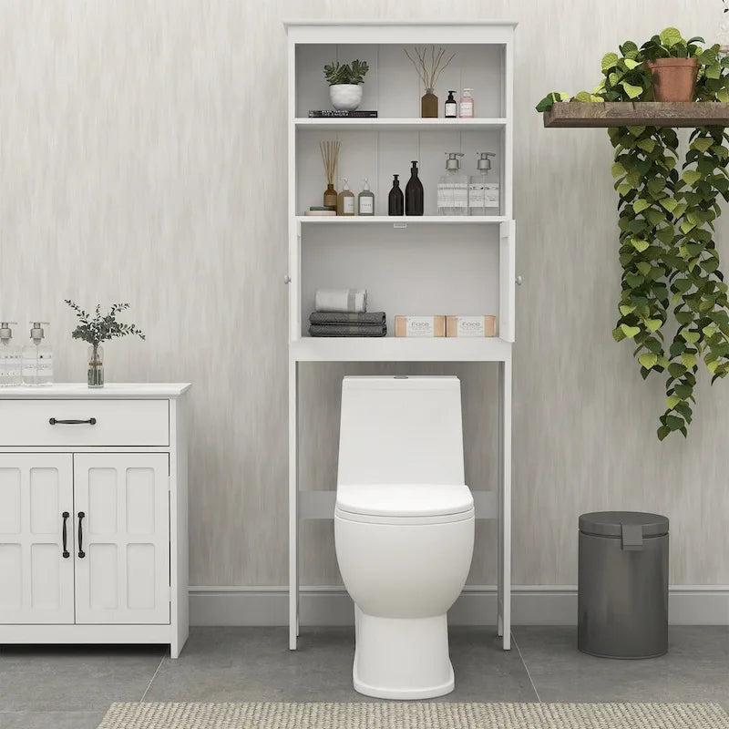 Meuble de rangement WC blanc en bois avec étagères ouvertes et portes doubles