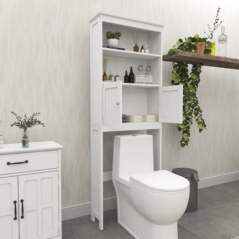 Meuble de rangement WC blanc en bois avec étagères ouvertes et portes doubles