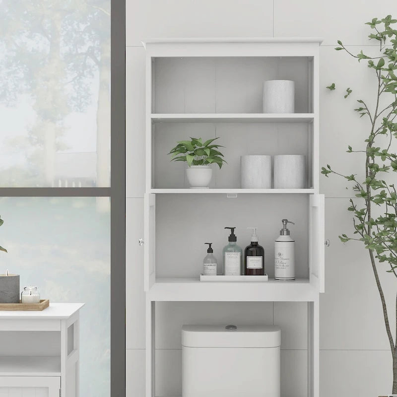 Meuble de rangement WC blanc en bois avec étagères ouvertes et portes doubles