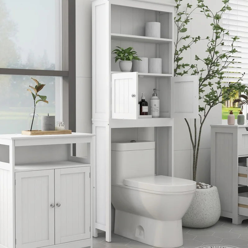 Meuble de rangement WC blanc en bois avec étagères ouvertes et portes doubles