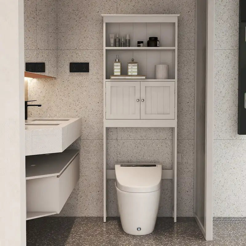 Meuble de rangement WC blanc en bois avec étagères ouvertes et portes doubles