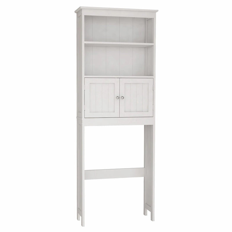 Meuble de rangement WC blanc en bois avec étagères ouvertes et portes doubles