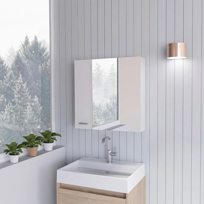 Meuble de salle de bain mural avec miroir, double porte et étagères, Blanc