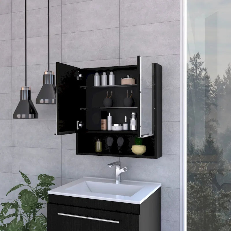 Meuble de salle de bain mural avec miroir, double porte et étagères, Blanc