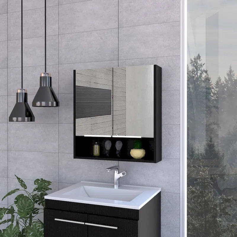 Meuble de salle de bain mural avec miroir, double porte et étagères, Blanc