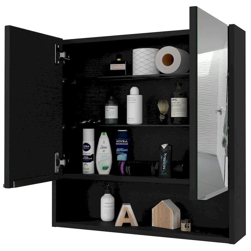 Meuble de salle de bain mural avec miroir, double porte et étagères, Blanc