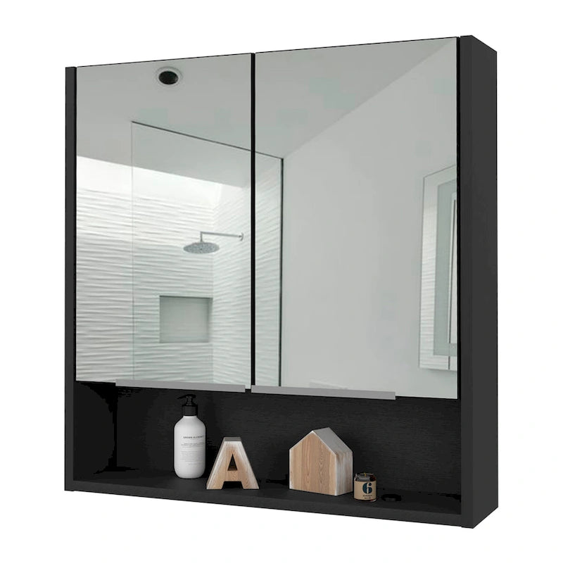 Meuble de salle de bain mural avec miroir, double porte et étagères, Blanc