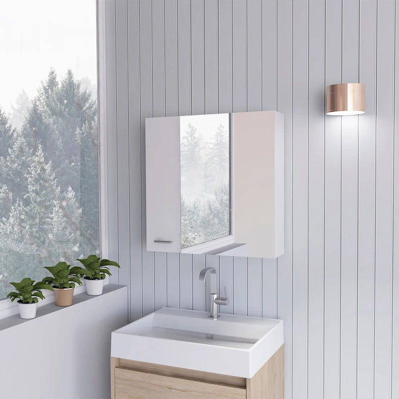 Meuble de salle de bain mural avec miroir, double porte et étagères, Blanc