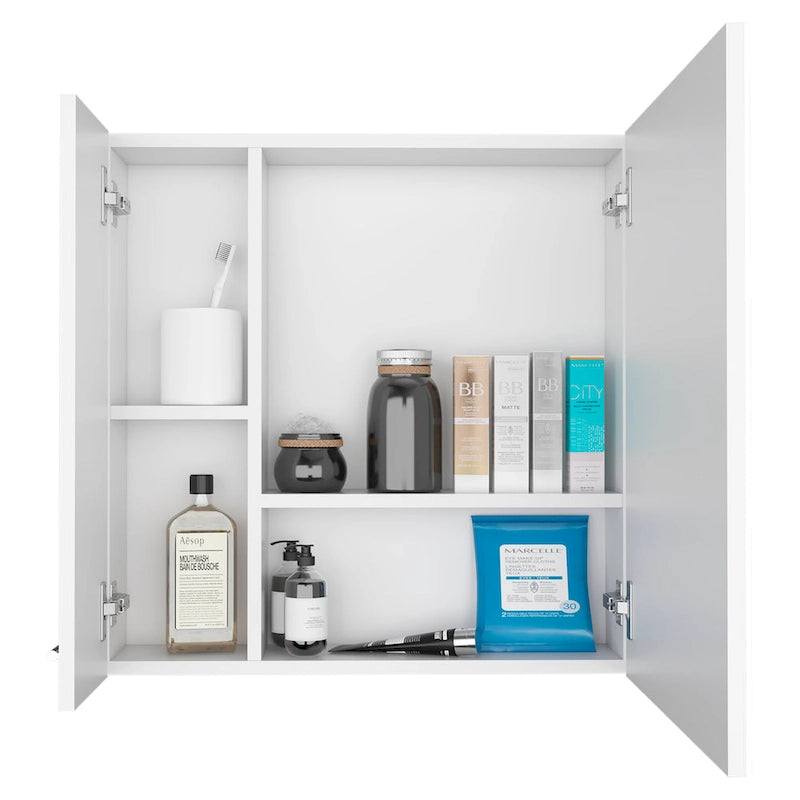 Meuble de salle de bain mural avec miroir, double porte et étagères, Blanc