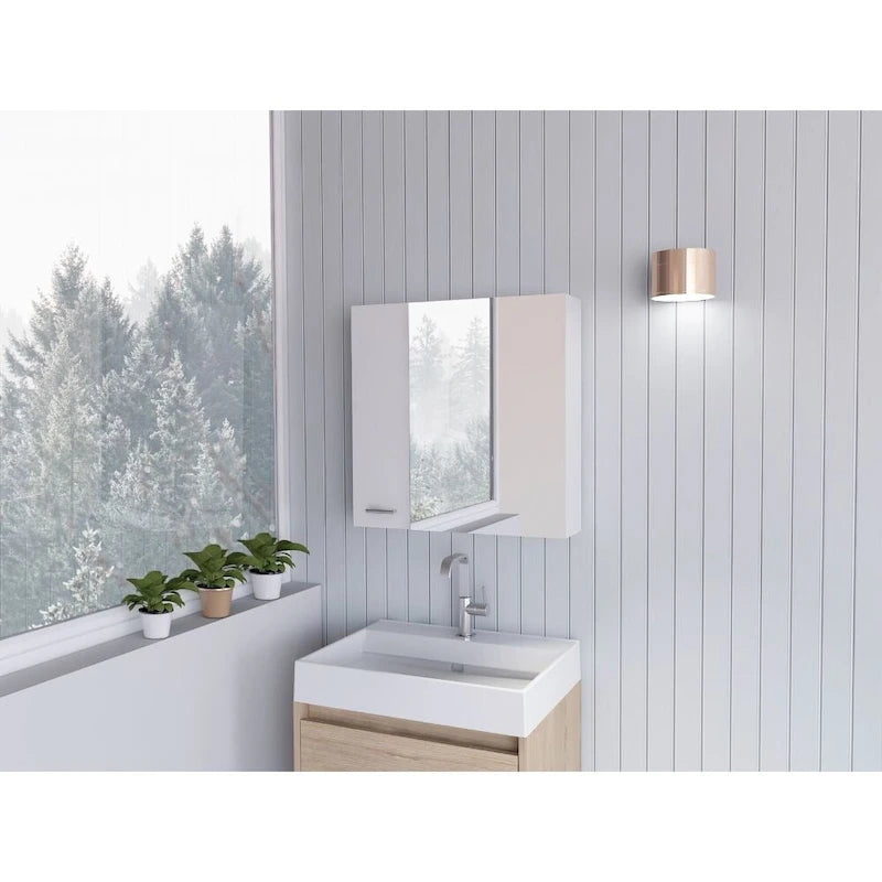Meuble de salle de bain mural avec miroir, double porte et étagères, Blanc